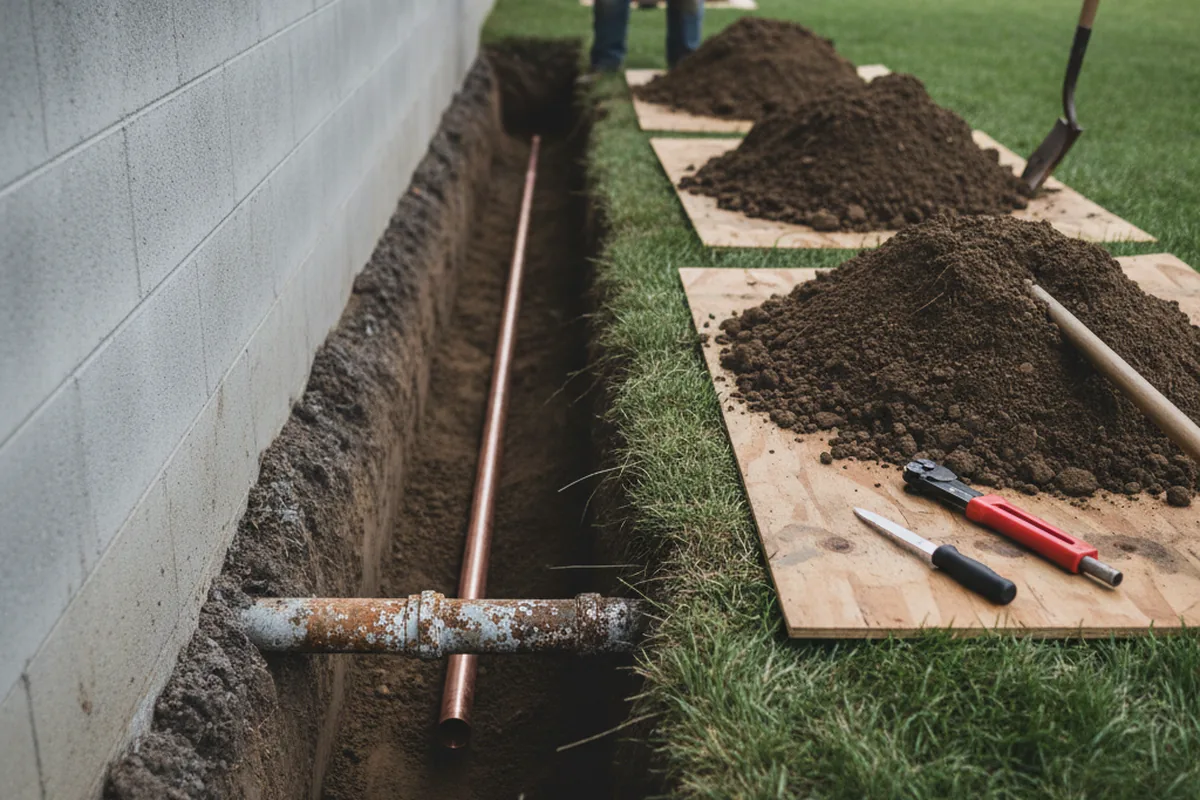 Excavated water line trench during Water Softener Installation in Boody